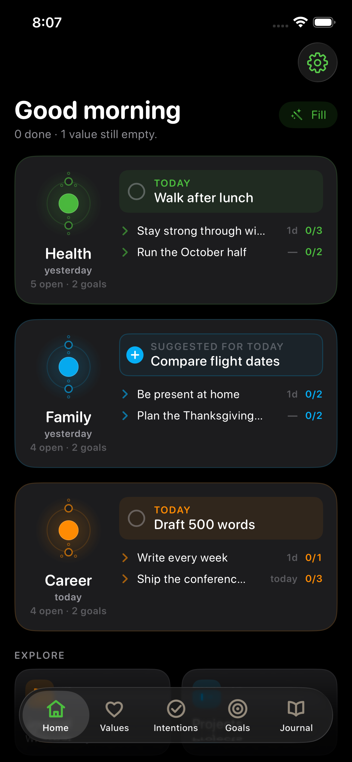 Wend home screen organizing today's intentions under Health, Family, and Career